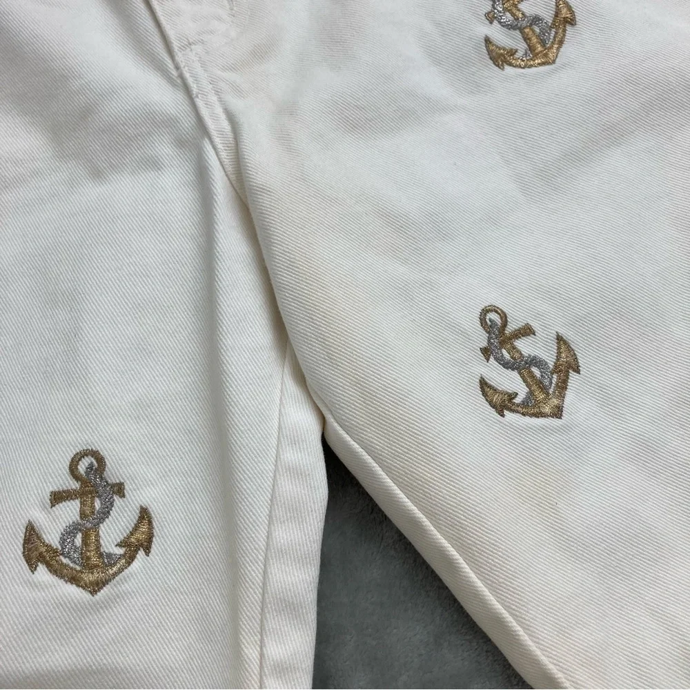 La Costa Spa Vintage White High Rise Jeans Gold Silver Anchor Embroidery Sz 10